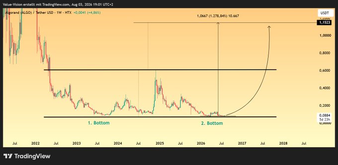 A TradingView weekly chart of Algorand (ALGO) / Tether USD shows a price of 0.2041, marked with "1. Bottom" and "2. Bottom" patterns and a projected arrow toward a 1.0667 target.