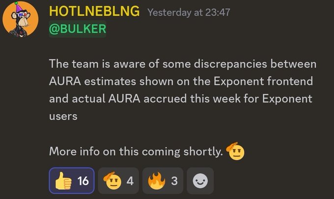 A Discord message from user "HOTLNEBLNG" posted yesterday at 23:47 quotes @BULKER, stating that the team is aware of discrepancies between AURA estimates shown on the Exponent frontend and actual AURA accrued this week for Exponent users, with more info to come. The post has 16 thumbs up, 4 pumpkin, and 3 fire emoji reactions, and relates to the user's decision to convert YT-bulkSOL back to bulkSOL while awaiting updates from bulktrade/Exponent Finance developers before making further trades.