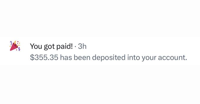 A simple payment notification screenshot reads 'You got paid! $355.35 has been deposited into your account.'