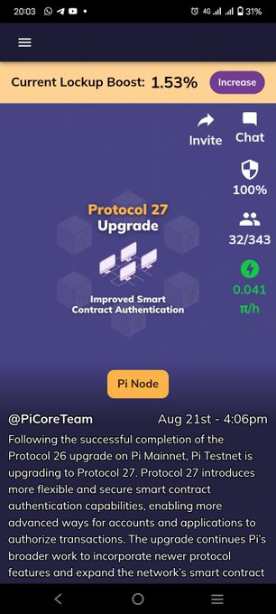 A mobile app screenshot dated Aug 21st at 4:06pm showing "Protocol 27 Upgrade" with "Improved Smart Contract Authentication," a Pi Node button, a 1.53% Current Lockup Boost, and statistics like 0.041 πU/h.