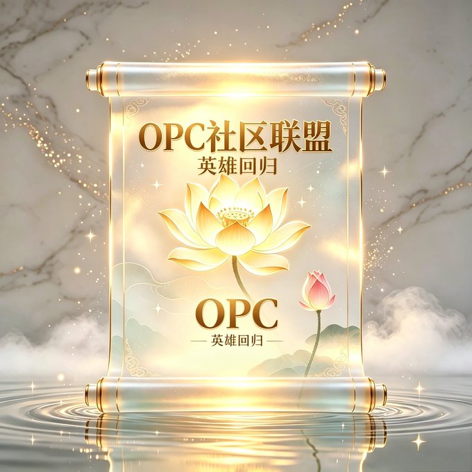A decorative golden scroll banner with Chinese text 'OPC社区联盟 英雄回归' (OPC Community Alliance: Heroes Return) featuring an illuminated lotus flower design against a marble background.