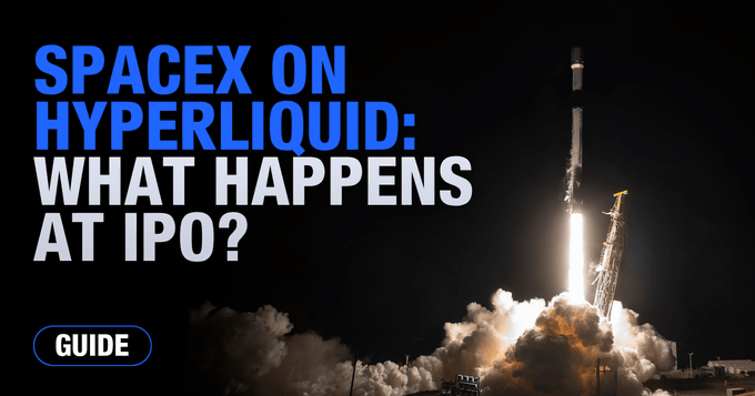 The image features a rocket launch against a black background with the words "SpaceX On Hyperliquid" written above it. Below this text, there's some more text about what happens at an IPO, explaining SPCX's journey through the IPO process and its transition into becoming the largest IPO in history.