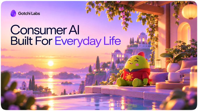 An advertisement for Gotchi Labs featuring a cute green mascot character sitting by a pool overlooking a sunset cityscape, with text reading 'Consumer AI Built For Everyday Life'.