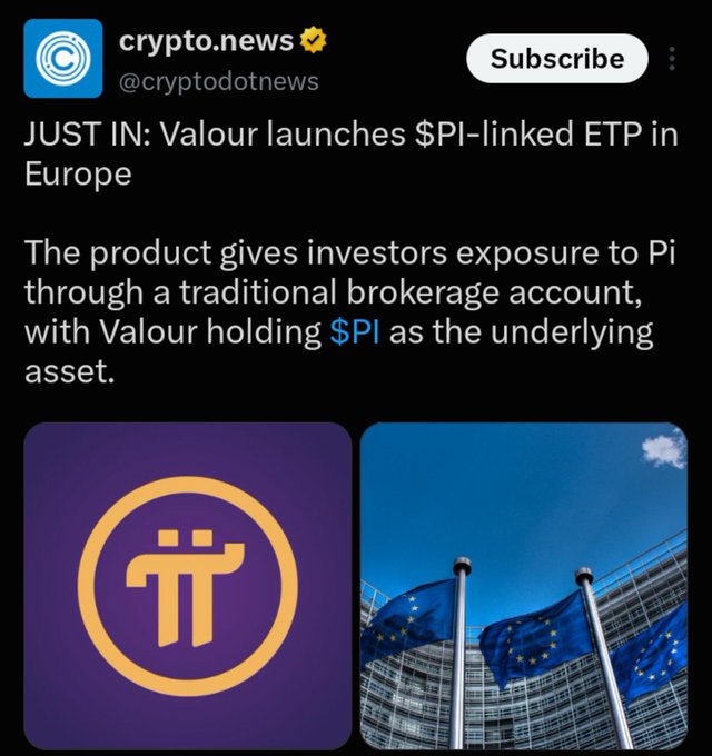 A crypto.news tweet reads 'JUST IN: Valour launches $PI-linked ETP in Europe' with the Pi Network logo and EU flags pictured.
