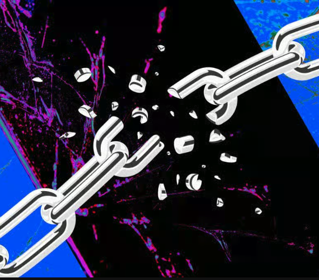 A dramatic illustration shows a heavy white chain violently snapping in the center, with broken links scattered across a dark background accented by splatters of blue and magenta paint. The shattered chain visually represents the breaking security of a smart contract under attack, directly symbolizing the exploit referenced in the post about attackers replicating the Notional Finance hack on BNB Chain by opening malicious fCash positions on the contract address 0x0795…D9F0.