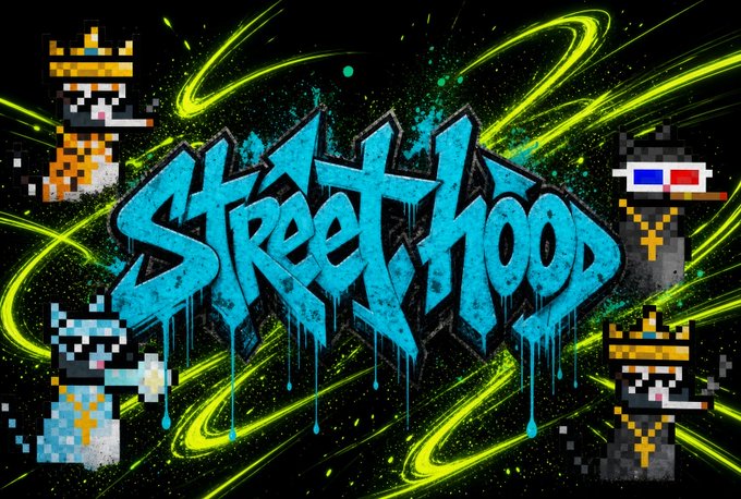 Pixel art style graffiti reading 'STREETHOOD' in blue dripping letters, surrounded by pixel art characters including a French maid and figures in robes against a neon green swirled background.