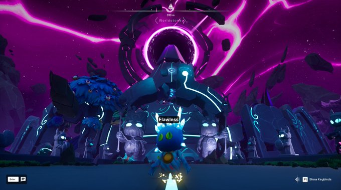 Screenshot from a video game showing a blue cat-like character named 'Flawless' facing a large robotic boss in a purple cosmic arena with 'Radiation' displayed at the top.