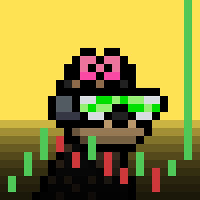 Pixel art illustration of a penguin-like character wearing pink sunglasses, holding a green object, and appearing to eat from a brown bowl, with green and red vertical bars in the foreground.