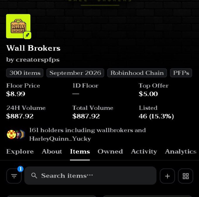 An NFT marketplace page showing 'Wall Brokers by creatorspfps' collection with 300 items, Floor Price $8.99, Top Offer $5.00, 24H Volume $887.92, and 161 holders.