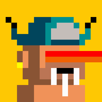 A pixel art illustration of a character with blue hair, an eye patch, a red scarf, and a bandana, with a large open mouth and visible teeth against a yellow background.