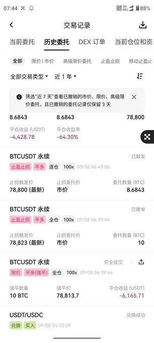 A screenshot from the OKX exchange app showing a trading history (交易记录) page with "historical orders" (历史委托) selected, displaying BTCUSDT limit buy orders at 78,800 and 78,823 with 100x leverage, along with a completed USDT/USDC swap transaction dated 09/08.

The image supports the post's claim of system-induced forced liquidations by showing detailed order records that could be used to document the user's trading activity and the circumstances surrounding their 3,000+ U liquidation fee.