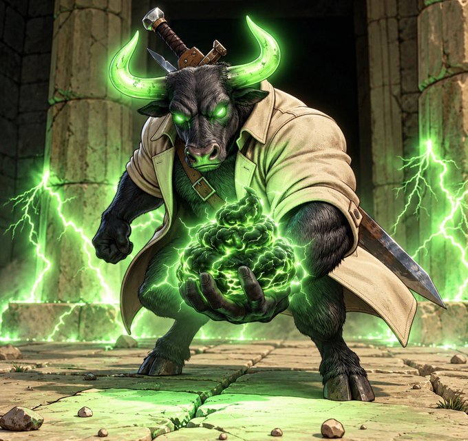 A fantasy illustration of a black minotaur-like creature with glowing green horns and eyes, wearing a trench coat and wielding a glowing green energy mass in a stone temple with green lightning.