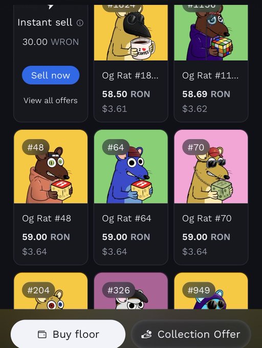 The image shows a page with a variety of rat characters, possibly cartoon rats or OGs (other than rat), presented for sale online. The prices range from 30.00 to 59.99 RON depending on the specific character being sold. There are at least 11 different rat images displayed, showcasing their various appearances and designs. A "Collection Offer" button is present, indicating that potential buyers can browse through all the available rat characters before making a purchase decision. The focus of this image is on the assortment of rat characters for sale, highlighting both the variety of options and the affordable prices offered by the marketplace.