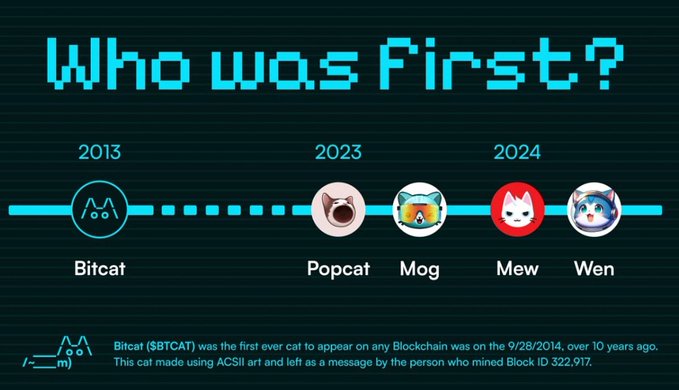 The image features four different cats displayed at various stages of their growth from 2014 to 2023. The cats are arranged horizontally across a line, each labeled with numbers representing years. The post title reads "Who Was First?". The text explains that these cats represent different stages of Bitcoin's evolution, including its first pixel cat, a message about a cat being added into the blockchain by someone named "dragomirgance" on September 28, 2014, and other milestones in the cryptocurrency space.
