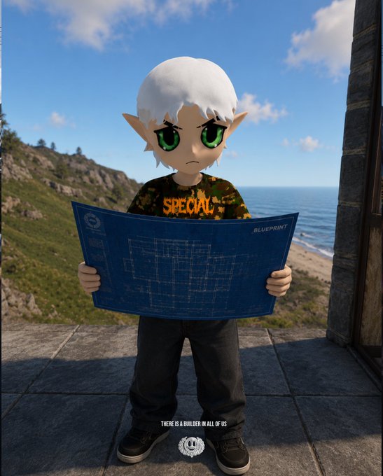 A 3D-rendered chibi-style anime character with white hair and large green eyes wearing a camo shirt with orange 'SPECIAL' text, standing on a stone balcony overlooking the ocean while holding up a large blue architectural blueprint, with the text 'THERE IS A BUILDER IN ALL OF US' at the bottom.