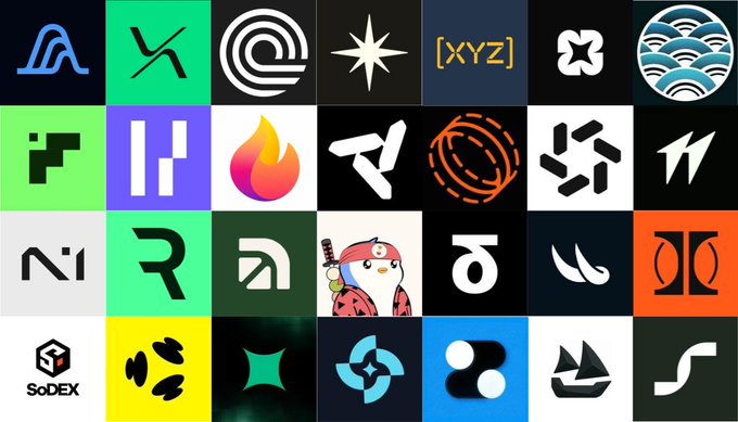 A 4x7 grid of 28 colorful DEX (decentralized exchange) platform logos, including SoDEX, with the highlighted "SoDEX" tile in the bottom-left corner suggesting it is being nominated as the worst DEX among the array of competitors.