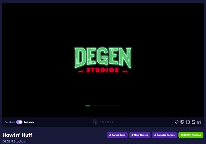 The image displays a loading screen for the game "Howl n' Huff" by DEGEN Studios on Roobet, featuring the studio's logo and game information. It pairs with the post about a Heads or Tails betting game where the player went 4-2 across six rounds and asks viewers to choose H or T for the next round.