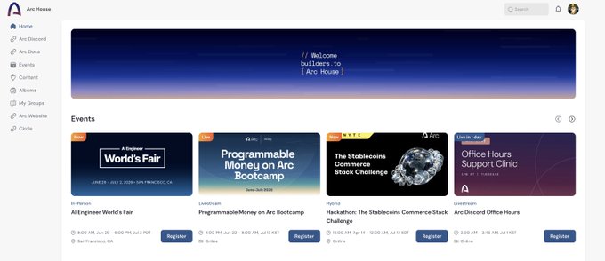 The Arc House Discord homepage showing upcoming events including the AI Engineer World's Fair in San Francisco and Programmable Money on Arc Bootcamp.