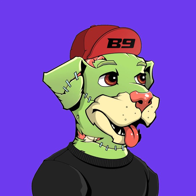 A cartoon green zombie-like dog wearing a red baseball cap with "B9" in black text, sticking its tongue out against a purple background. The image relates to the post as artwork for the "Dogs" NFT minting event, likely serving as a visual representation of the collection being teased.