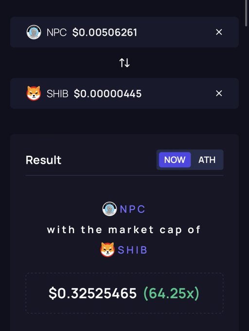 A cryptocurrency comparison interface showing NPC at $0.00506261 and SHIB at $0.00000445, with a result showing '$0.32525465 (64.25x)'.