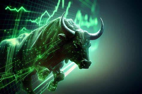 A digital illustration of a charging bull rendered in green particles and wireframe against a background of green stock market line graphs, symbolizing a financial market uptrend.