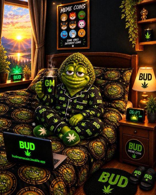 A Pepe-style character lounges in bed wearing pajamas branded with 'BUD', holding a 'GM' mug, with a 'MEME COINS' poster and a 'BUD MEME COIN' laptop visible.