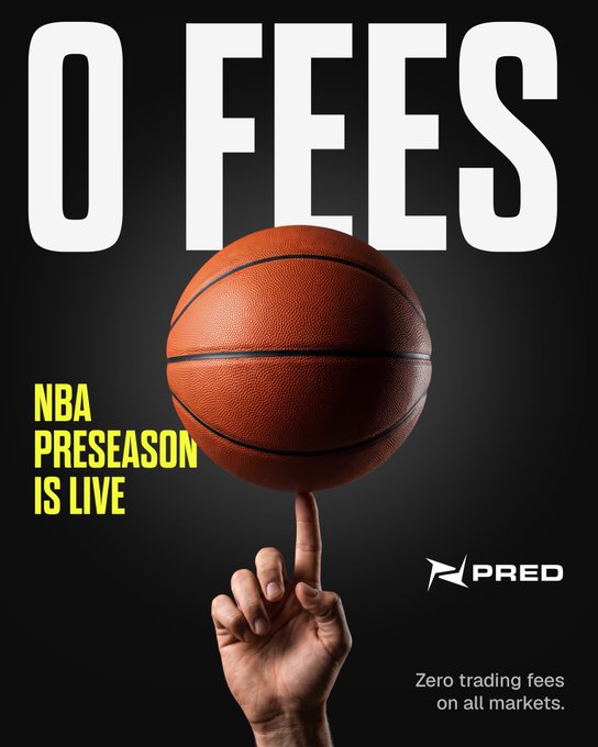 An advertisement poster with large white text reading '0 FEES' above a hand balancing a basketball on its finger, alongside yellow text stating 'NBA PRESEASON IS LIVE' and the 'PRED' logo.