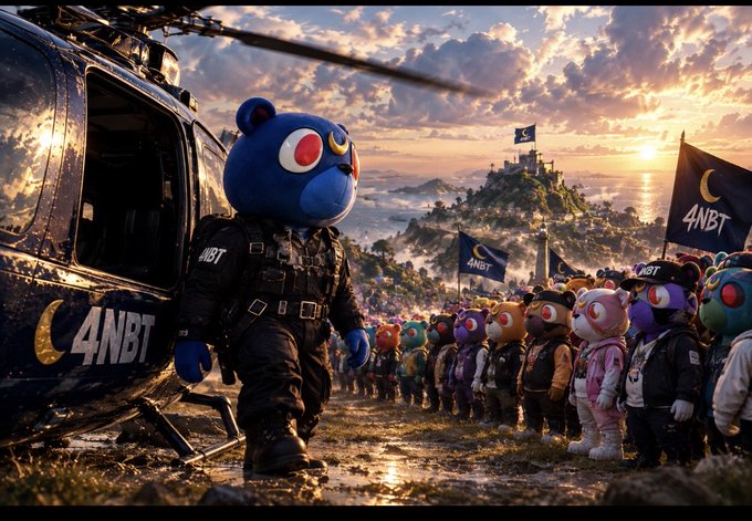 A cinematic scene of cartoon bears in military gear with '4NBT' insignias marching near a helicopter at sunset.