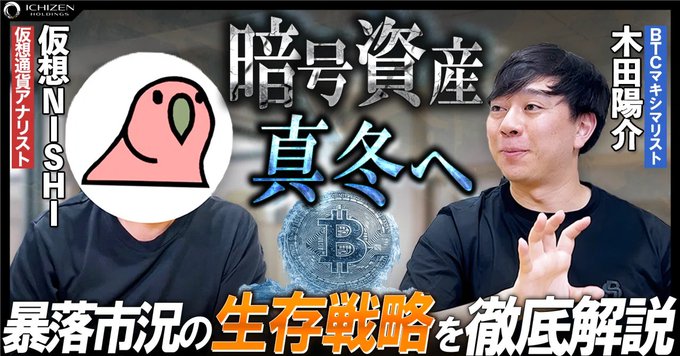 A YouTube thumbnail featuring two men discussing crypto markets, with bold Japanese text including "暗号資産 真冬へ" (Crypto Winter is Coming) and "暴落市況の生存戦略を徹底解説" (Thorough Explanation of Survival Strategies in a Crash Market), alongside the BTC logo. The "真冬" (deep winter) text directly visualizes the post's warning about cryptocurrency's recurring four-year crash cycles.
