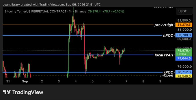 A TradingView candlestick chart for 'Bitcoin / TetherUS PERPETUAL CONTRACT · 1h' on Binance, showing a price of '79,876.4' and highlighting key levels including 'prevHigh' at 81,270.5 and 'nPOC' at 80,708.8.