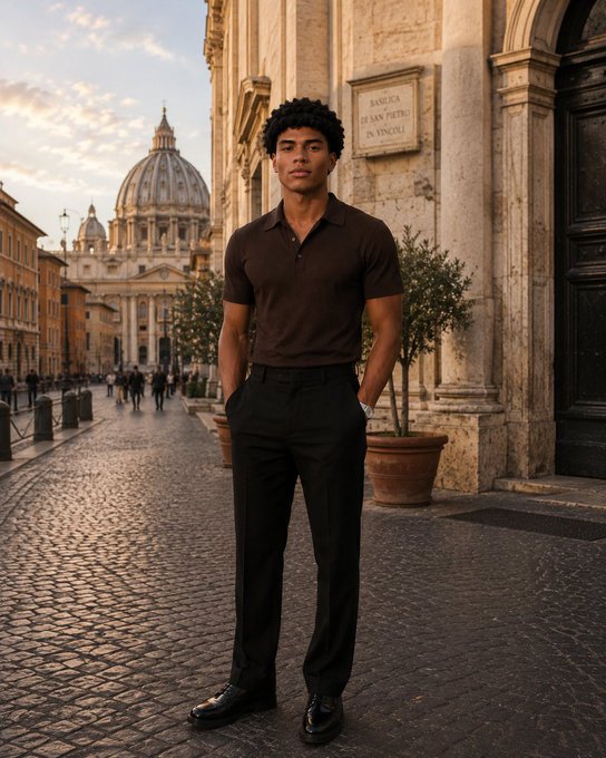 A young man in a brown polo shirt and black trousers standing on a cobblestone street in Rome, with St. Peter's Basilica visible in the background.