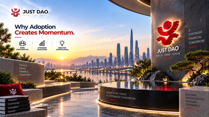 The image shows a "Just DAO" promotional graphic featuring a futuristic skyline overlooking water at sunset, with the headline "Why Adoption Creates Momentum" highlighting key benefits: "More Participation," "Stronger Ecosystem," and "Brighter Opportunities," alongside the tagline "A Stronger Financial Tomorrow" and "Build • Lend • Grow." The accompanying post reinforces this theme by explaining how expanding decentralized finance communities gain strength through increased participation and engagement, directly mirroring the visual's emphasis on collective momentum driving ecosystem growth.