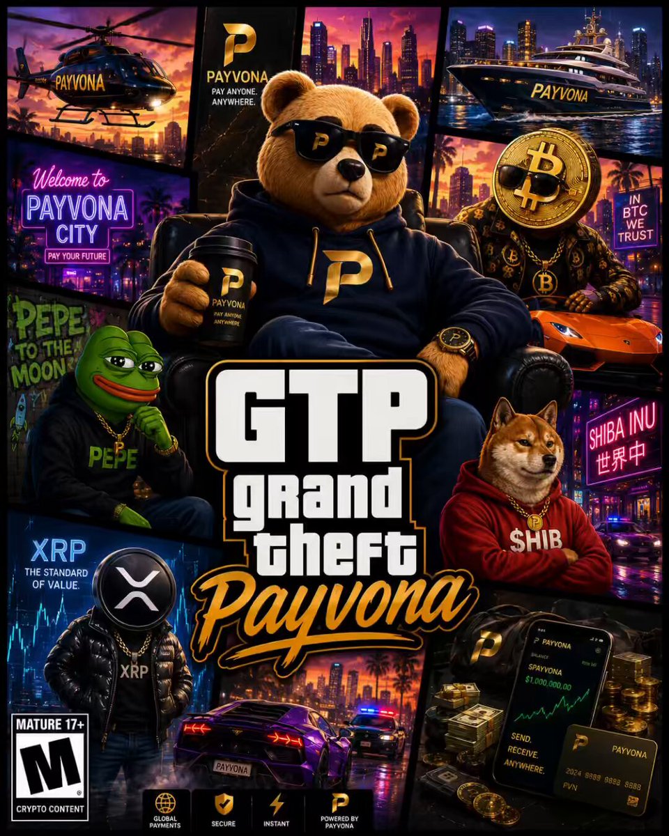 The image features a poster for a video game called Grand Theft Payvona, which is about a group of characters who are trying to steal Bitcoin from various locations around the world. The poster includes several images of people wearing sunglasses and holding coins or other items related to Bitcoin theft. There's also an image of a bear wearing sunglasses and holding a cup in one hand and a cell phone in the other, which is likely used by one of the characters in the game.