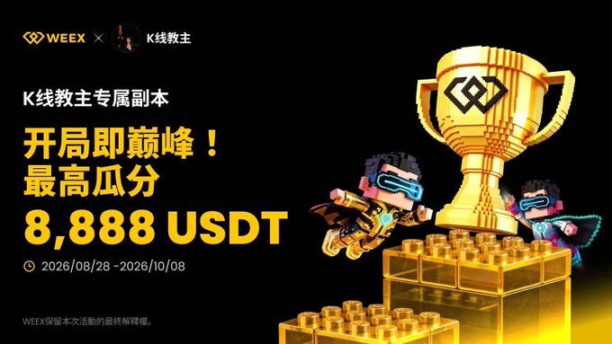 A WEEX promotional banner advertises a K-line master exclusive event with a prize pool of up to 8,888 USDT, featuring pixel-art characters holding a golden trophy.