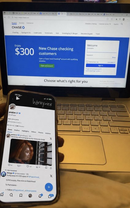 A first-person view of a hand holding a smartphone displaying an Instagram post from 'praise' (@prraiee), with a laptop in the background showing the Chase bank website offering $300 to new checking customers.