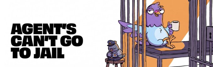 A cartoon banner reads "AGENT'S CAN'T GO TO JAIL" beside an illustration of a smug purple bird lounging with coffee inside a jail cell, guarded by a small policeman, visually satirizing the post's point that ISDA Section 13's dispute venue clause goes unchallenged, leaving both trading desks effectively "incarcerated" by a choice no one bothered to negotiate.