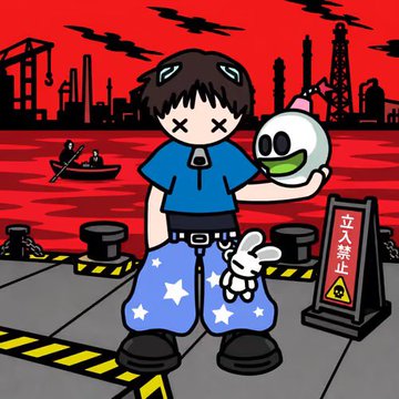 An anime-style illustration shows a character with x-shaped eyes holding a skull-like creature near a '立入禁止' (No Entry) sign.