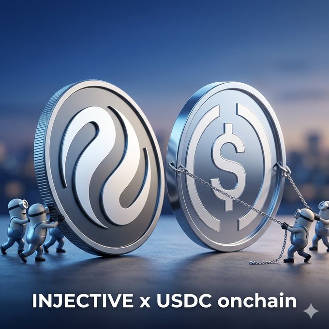 The image features a coin that has a dollar sign on it, surrounded by several small figures of people who are trying to pull the coin off its edge. The text "INJECTIVE x USDC ONCHAIN" is written below the coin in white letters. This suggests that the coin represents a new and innovative way for users to access regulated stablecoins through the USDC blockchain, which can be used as a means of exchange or investment.