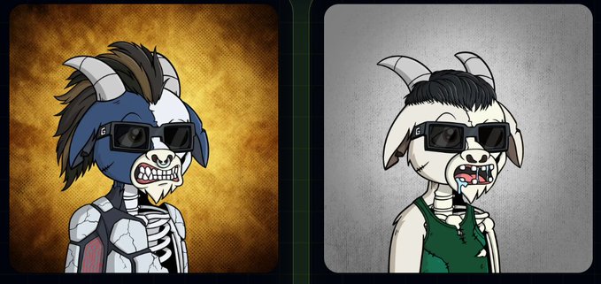 Two cartoon goat characters wearing sunglasses side by side, one in skeleton/mech-style attire on an orange background and the other in a green tank top on a gray background.