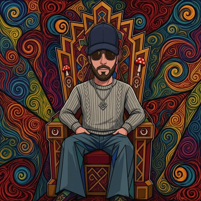 A stylized digital illustration of a bearded man wearing a baseball cap, sunglasses, and a sweater, sitting on an ornate throne against a vibrant, psychedelic swirled background.