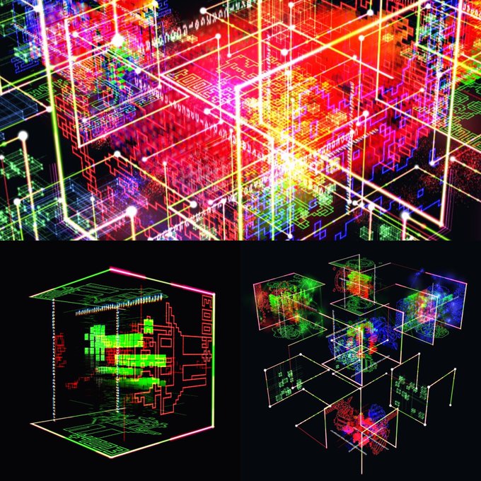 A vibrant digital artwork featuring colorful wireframe cubes and circuit board patterns glowing in red, green, blue, and yellow against a black background, displayed in three different views.