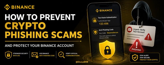 A Binance educational banner titled 'HOW TO PREVENT CRYPTO PHISHING SCAMS AND PROTECT YOUR BINANCE ACCOUNT', showing a phone interface with 2FA and anti-phishing code features.