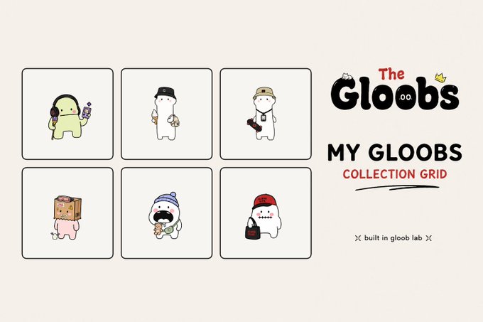 A 'My Gloobs Collection Grid' webpage showing six cartoon character collectibles in a grid, with the Gloobs logo and 'built in gloob lab' text.