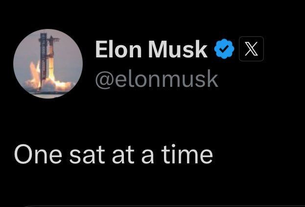A screenshot of an X post by Elon Musk (@elonmusk) with a rocket launch profile picture reads "One sat at a time," prompting a follower to ask whether he meant "satoshi" (referring to Bitcoin) or "satellite."