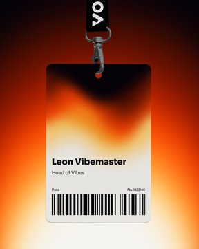 An ID badge on a lanyard with a blurred photo, orange and black background design, and text reading 'Leon Vibemaster' and 'Head of Vibes' along with a barcode and ID number.