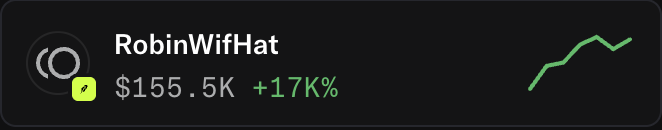 A dashboard widget displays "RobinWifHat" with a value of "$155.5K" showing a "17%" gain alongside a green upward chart, reflecting the strong performance of the token referenced in the accompanying OpenSea link.