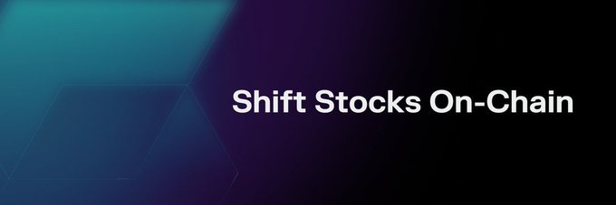 The image features a banner with white text that reads "Shift Stocks On-chain" against a dark background. The text is positioned at the top of the image, while the rest of the image is black. This design choice makes the text stand out prominently and clearly.