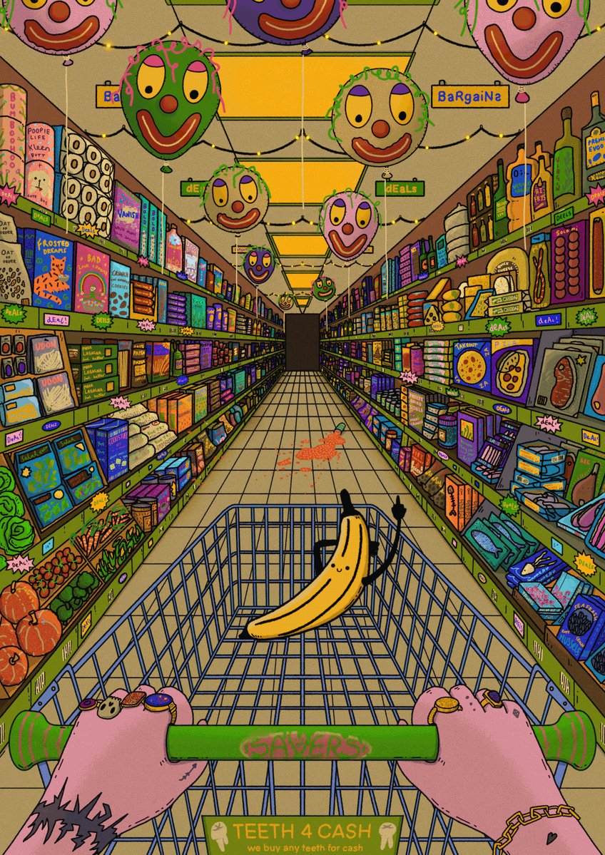 The image features a cartoon depiction of someone shopping at a grocery store, with a cart filled with various items such as bananas, apples, and oranges. The person appears to be pushing the cart down an aisle, surrounded by colorful displays of food products. The image also includes text that reads "tezos Berlin", which could potentially be related to the artist's name or the location where the artwork was created.