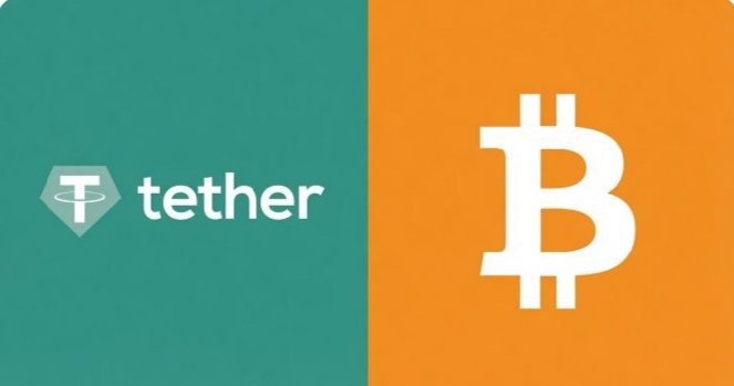 The image is split into two halves—teal on the left displaying the "tether" logo, and orange on the right featuring the Bitcoin "₿" symbol—visually representing Tether's growing Bitcoin holdings as mentioned in the accompanying post.