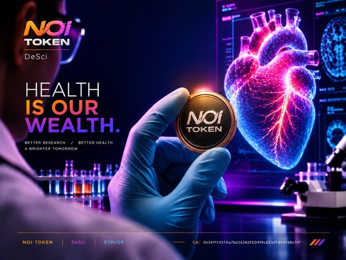 A promotional banner for 'NOI TOKEN DeSci' featuring the slogan 'HEALTH IS OUR WEALTH' alongside imagery of a hand holding a token and a glowing 3D heart, with a contract address visible at the bottom.